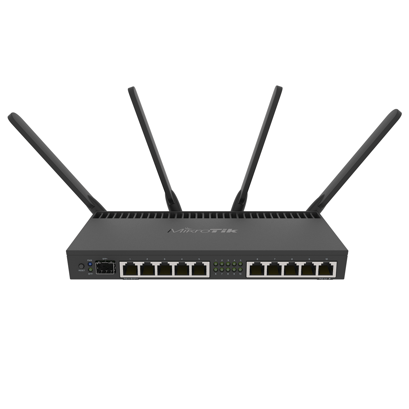 Routeur MikroTik noir avec quatre antennes et dix ports Ethernet sur la face avant.