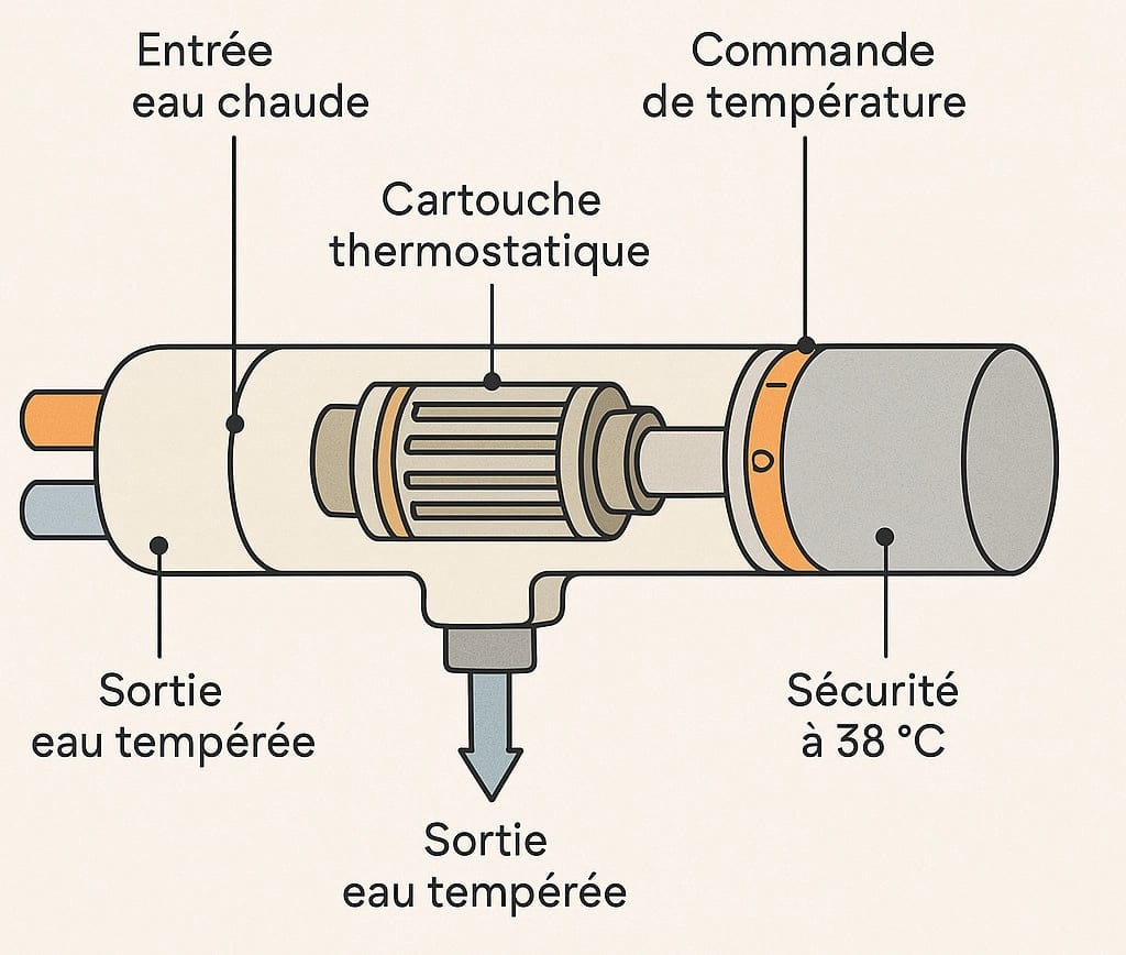 Schéma en coupe d’un mitigeur thermostatique légendé : entrée eau chaude, cartouche thermostatique, sortie d’eau tempérée et sécurité à 38 °C