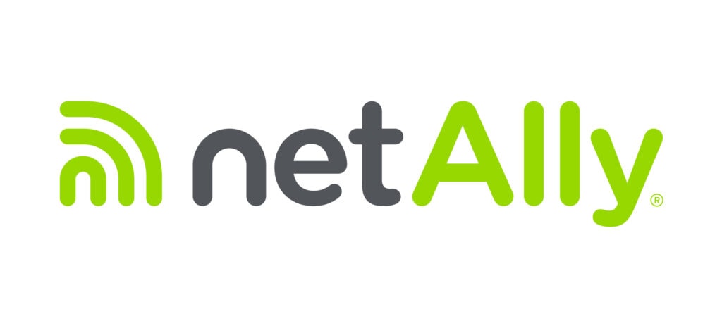 Logo de la marque netAlly écrit en gris et vert avec une icône de signal sur fond blanc.