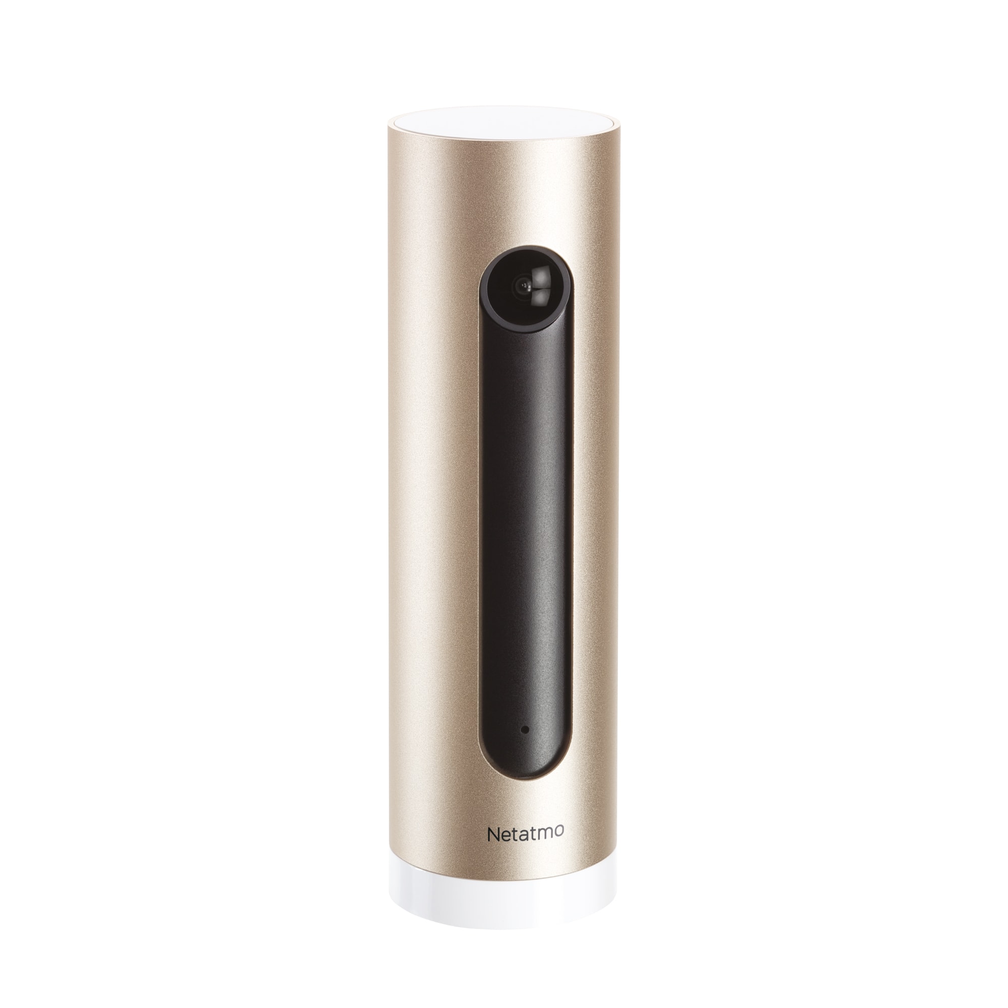 Caméra de sécurité cylindrique dorée avec une bande noire verticale et le logo Netatmo sur fond blanc.