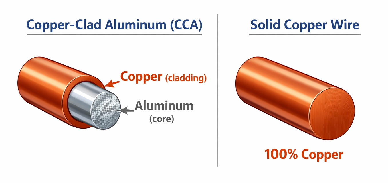 Schéma comparant un conducteur de cuivre massif et un conducteur de cuivre revêtu sur aluminium