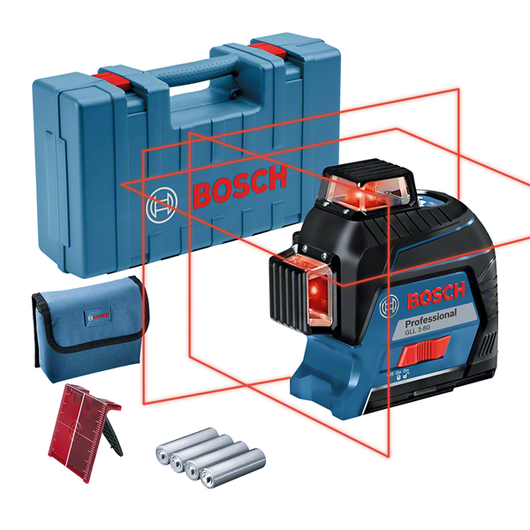 Laser lignes Bosch GLL 3-80 présenté avec son coffret de transport et sa platine de mesure
