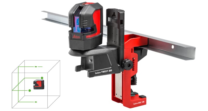 Laser Leica Lino L2P5G, boîtier vert et noir avec ses lignes projetées