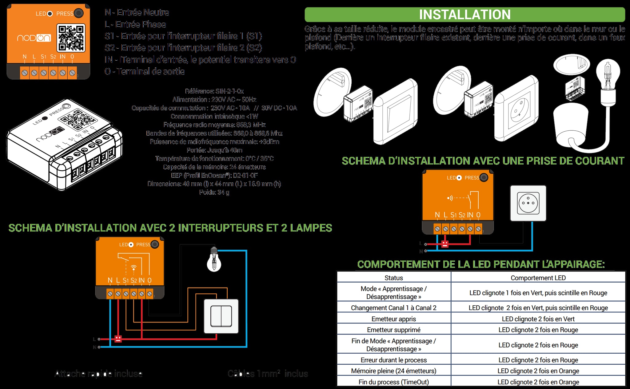 Une fiche technique détaillant les schémas d’installation électrique et les spécifications d’un module NodOn.