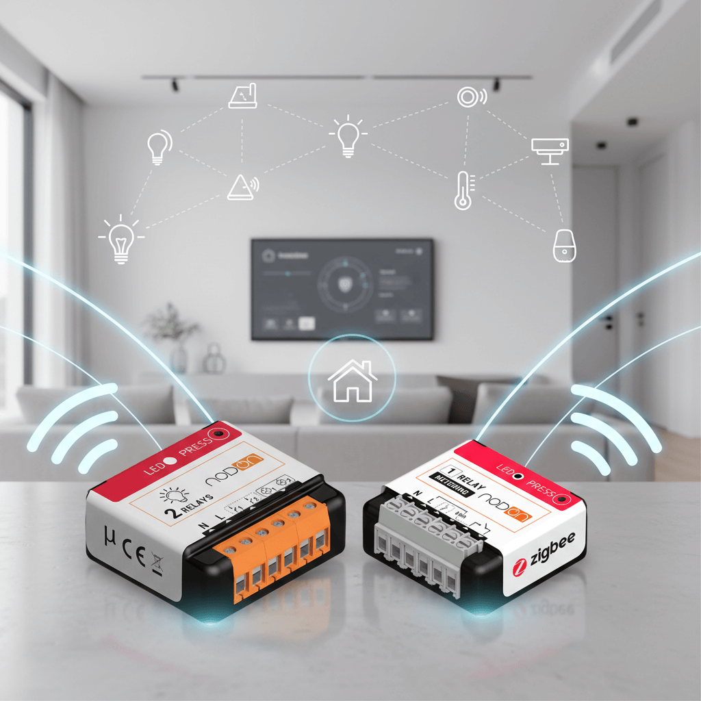 Deux modules connectés NodOn émettent des ondes sans fil sur une table avec des icônes domotiques en surimpression dans un salon.