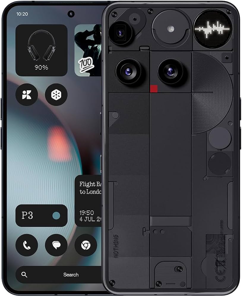 Smartphone noir présentant sa face avant avec un widget indiquant P3 et sa face arrière aux composants apparents avec trois objectifs