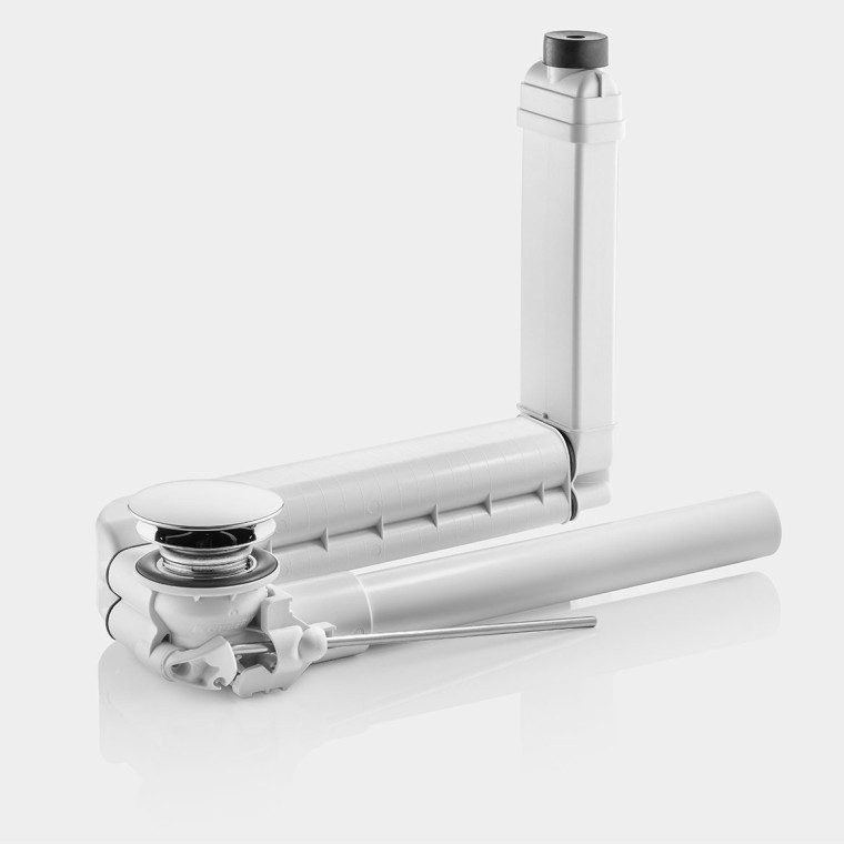 Vidage de lavabo Geberit : bonde chromée, tube de trop-plein vertical et corps blanc du siphon