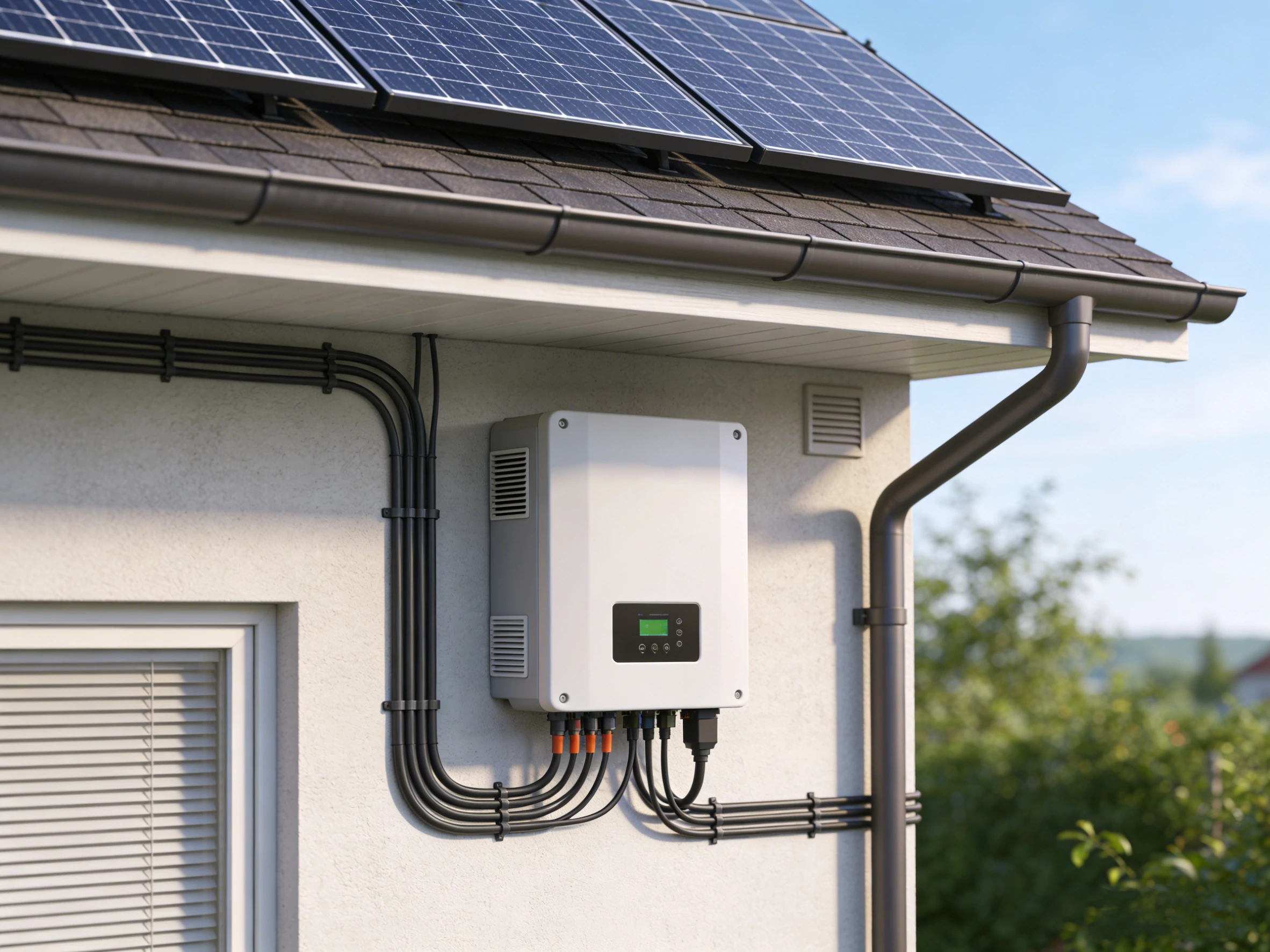 Onduleur blanc monté sur le mur extérieur d'une maison avec des panneaux solaires sur le toit