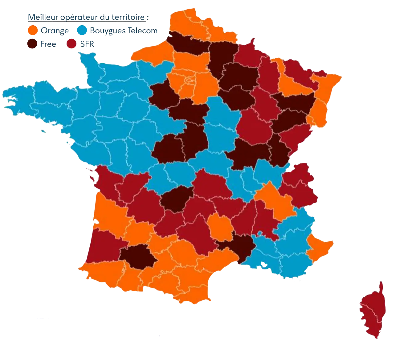 Carte de France divisée par régions colorées indiquant le meilleur opérateur du territoire entre Orange, Bouygues Telecom, Free et SFR.