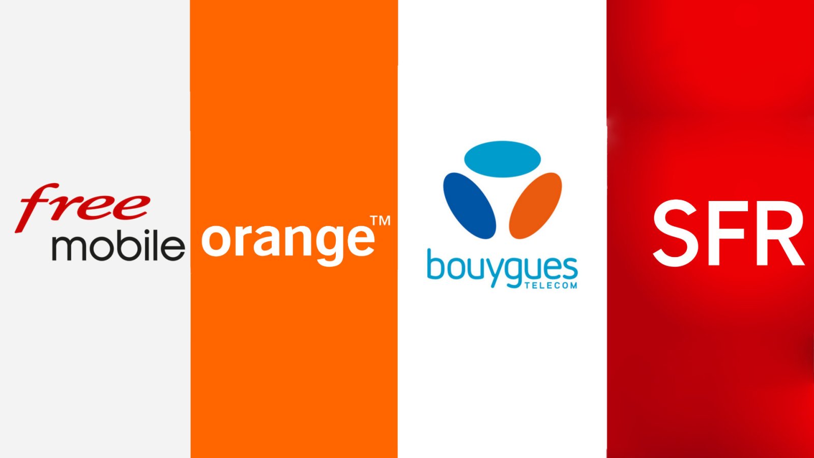 Les logos de Free Mobile, Orange, Bouygues Telecom et SFR affichés côte à côte sur des bandes de couleurs distinctes.