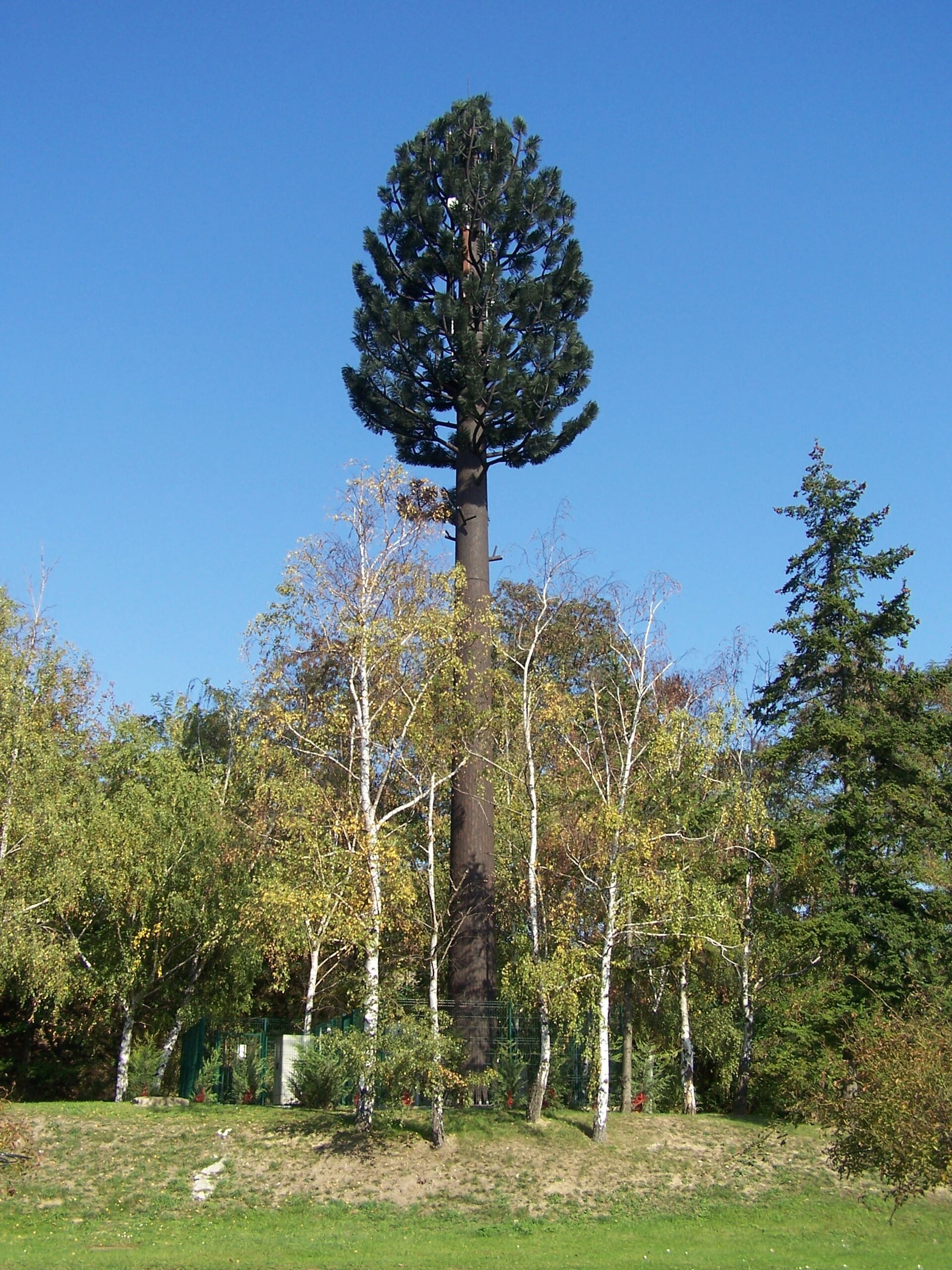 Antenne-relais de téléphonie mobile installée sur un mât, photographiée à Villepreux dans les Yvelines.