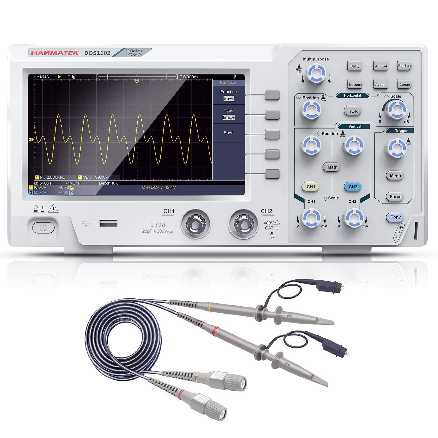 Oscilloscope numérique Hantek DOS1102 avec écran affichant un signal et deux sondes disposées en dessous