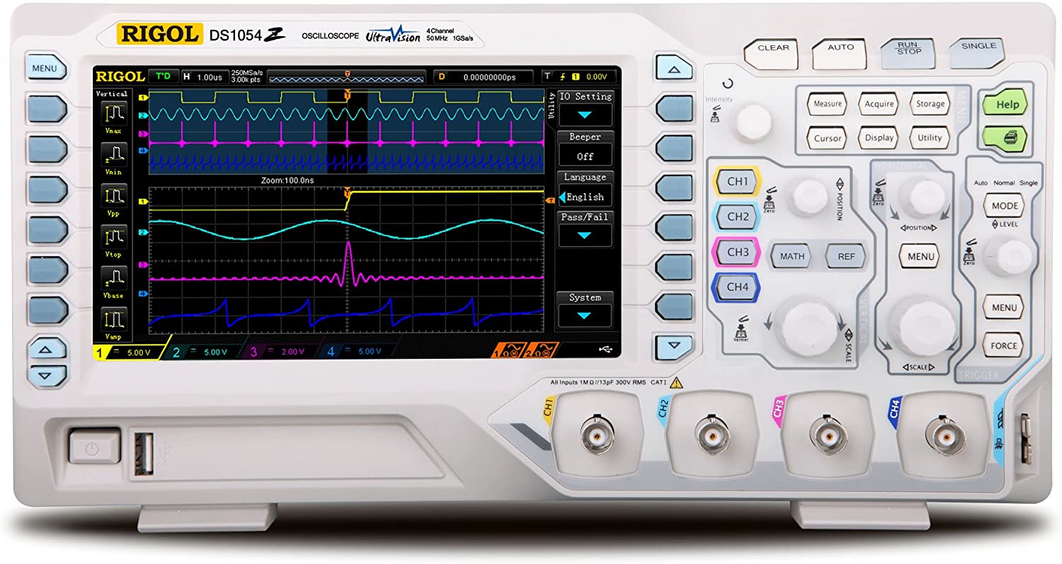 Oscilloscope numérique Rigol DS1054Z à 4 canaux affichant plusieurs signaux colorés sur son écran