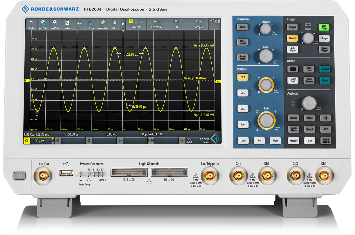 Oscilloscope numérique Rohde & Schwarz RTB2004 affichant un signal sinusoïdal jaune avec mesures sur écran