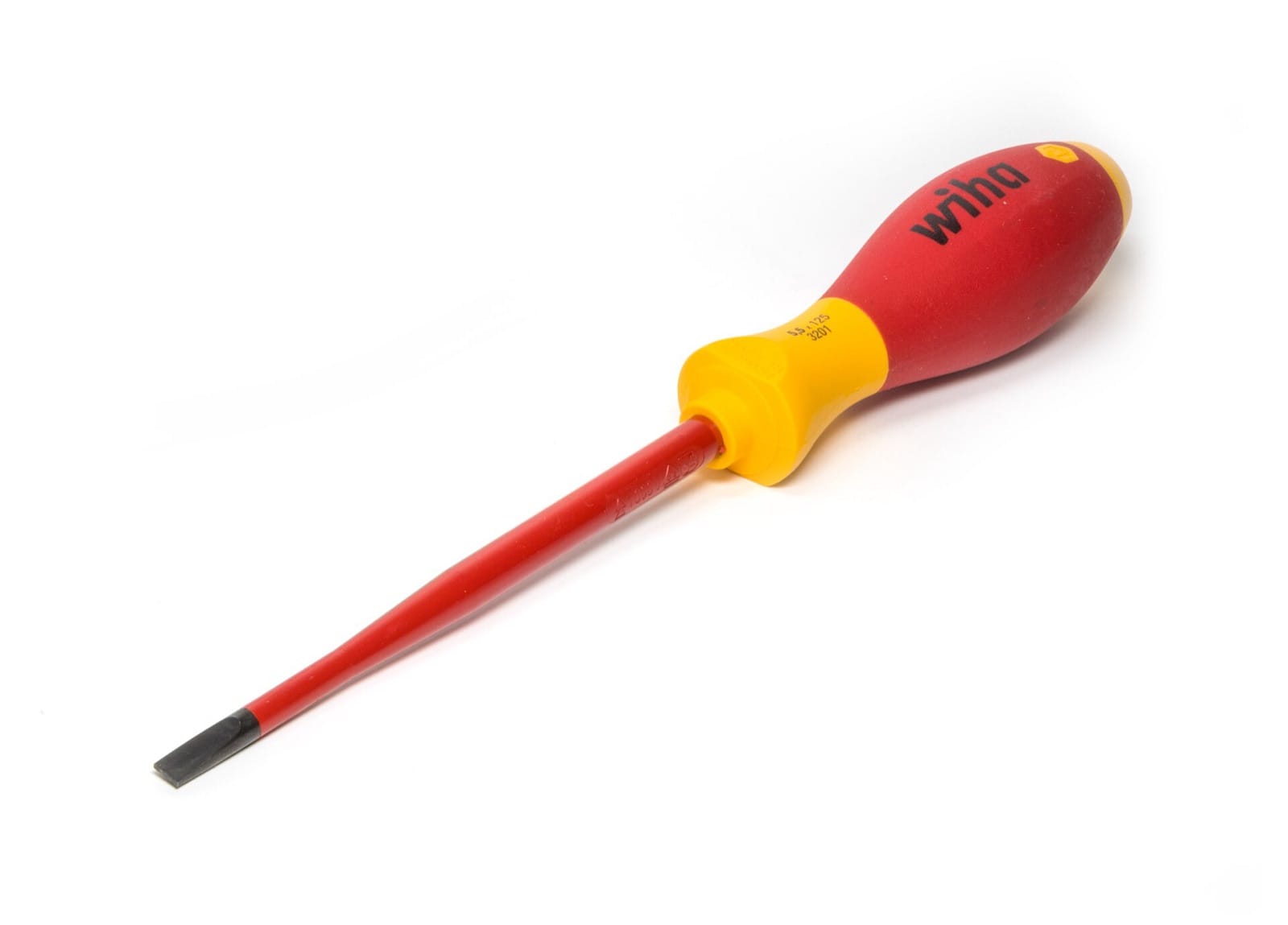 Tournevis Wiha slimFix electric à poignée rouge et jaune et lame isolée rouge sur fond blanc