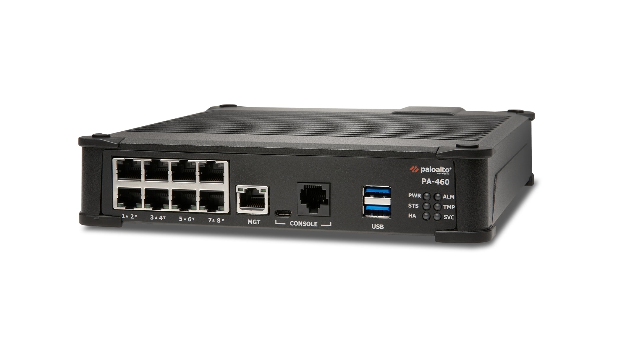 Pare-feu Palo Alto Networks PA-460 en gros plan avec ses huit ports Ethernet, le port de gestion et les voyants