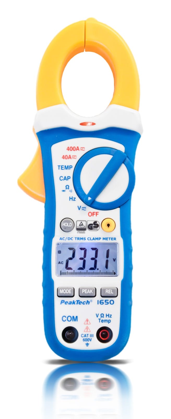 Pince ampèremétrique PeakTech P-1650 photographiée sur fond blanc par le fabricant