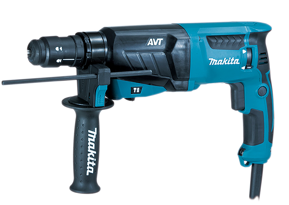 Perforateur Makita HR2631FTX4 vu de profil, poignée auxiliaire latérale et sélecteur de mode visibles sur le carter bleu.