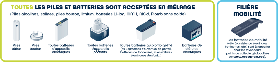 Affiche ecosystem indiquant que toutes les piles et batteries sont acceptées en mélange dans les points de collecte