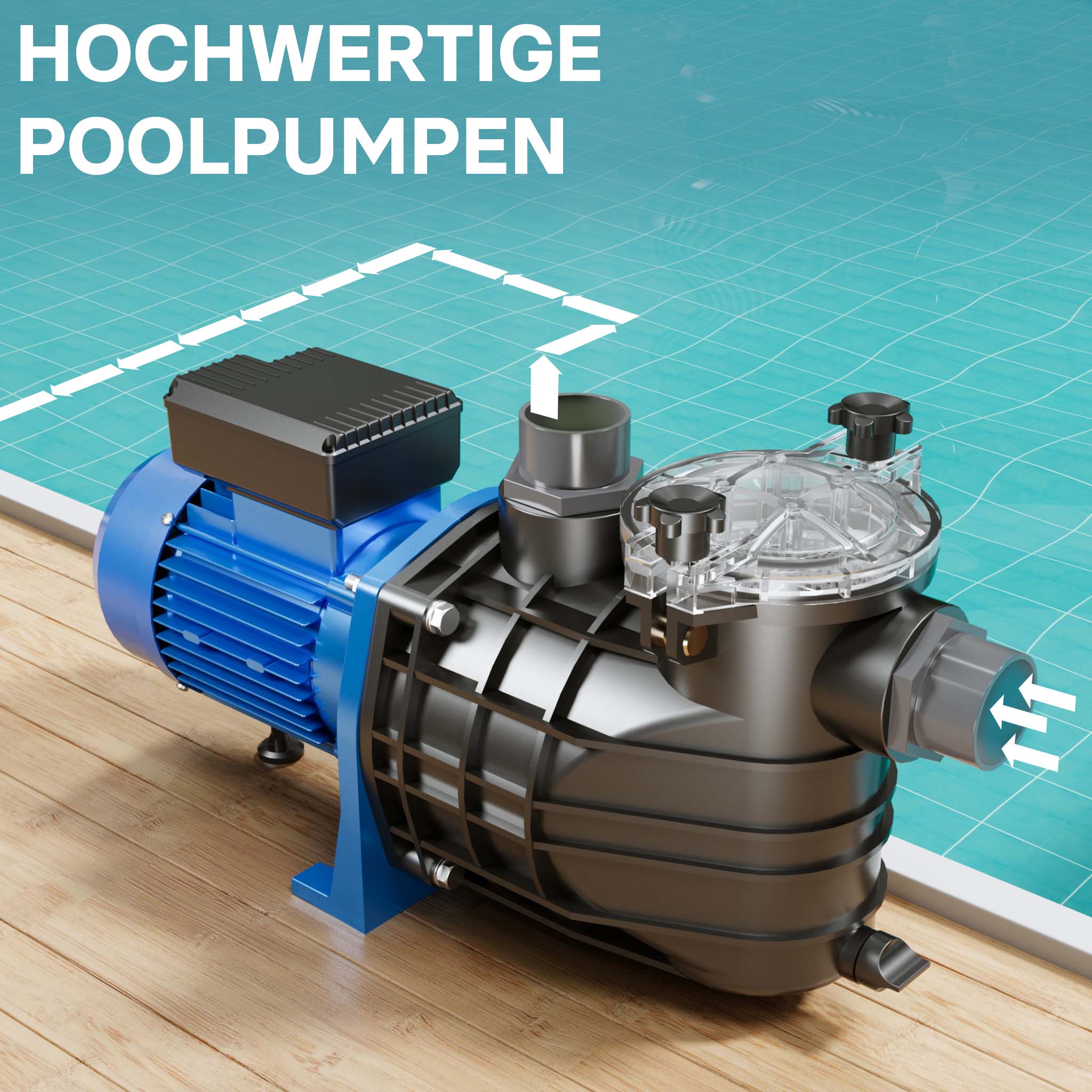 Rendu 3D d’une pompe de piscine au moteur bleu et au corps gris, flux d’eau matérialisé par des flèches blanches et texte allemand HOCHWERTIGE POOLPUMPEN