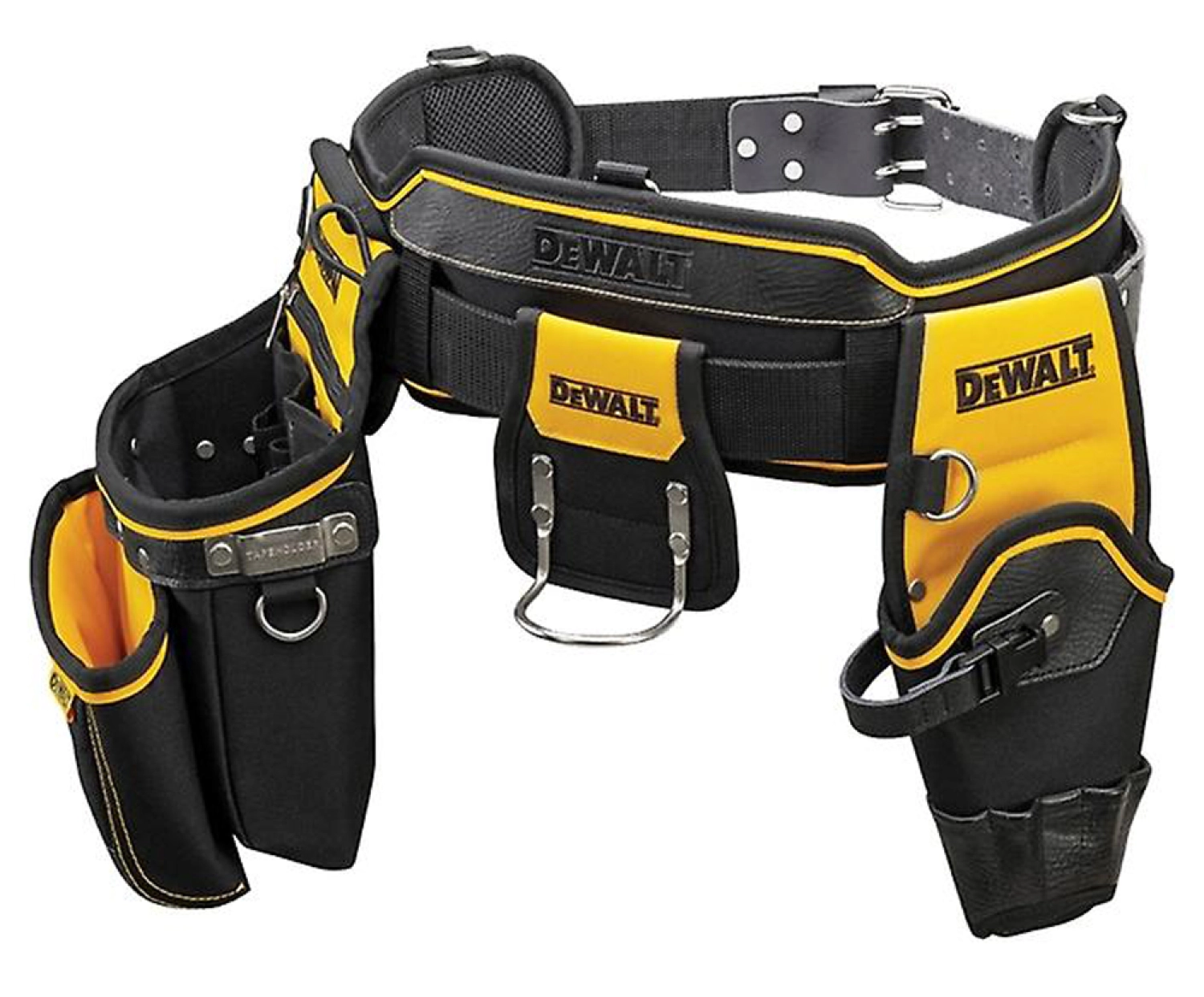 Une ceinture porte-outils noire et jaune de la marque DEWALT avec plusieurs poches et anneaux métalliques