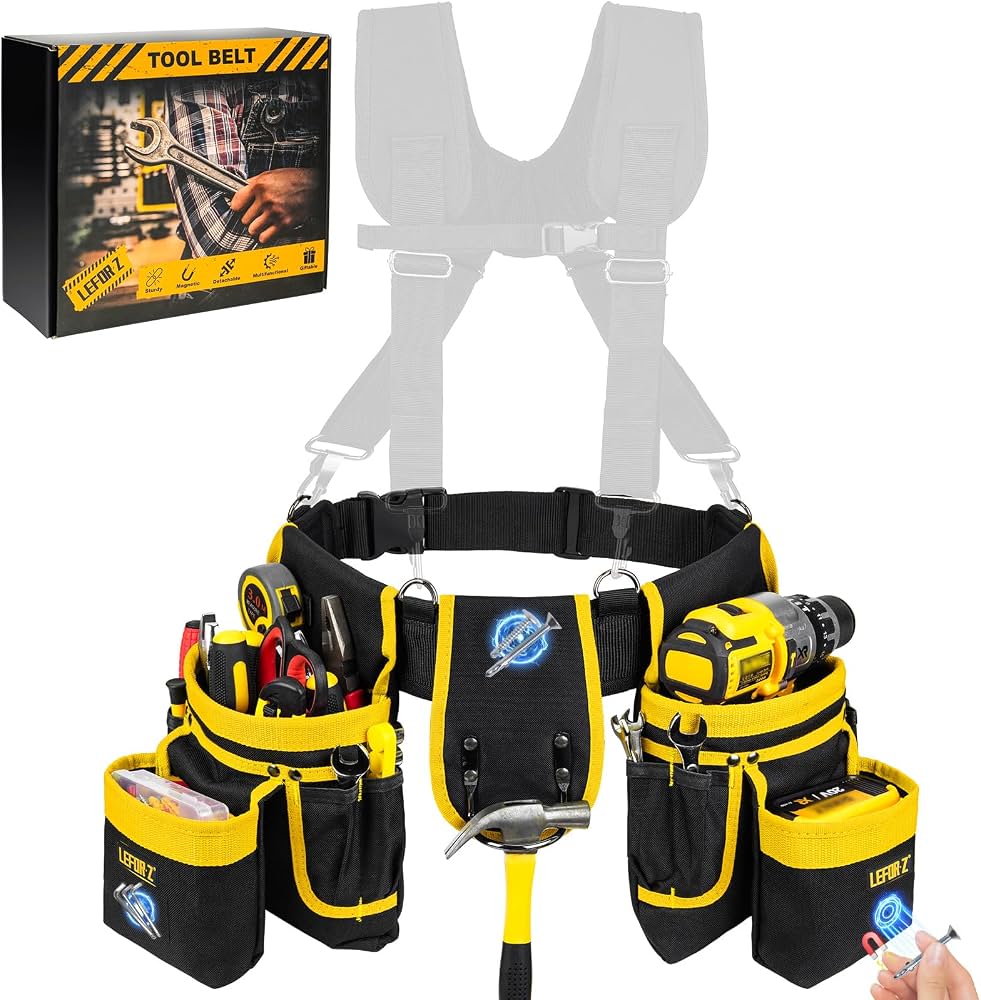 Un ensemble ceinture porte-outils noire et jaune avec bretelles de la marque LEFOR-Z, contenant une perceuse, un marteau et divers outils, présenté avec sa boîte