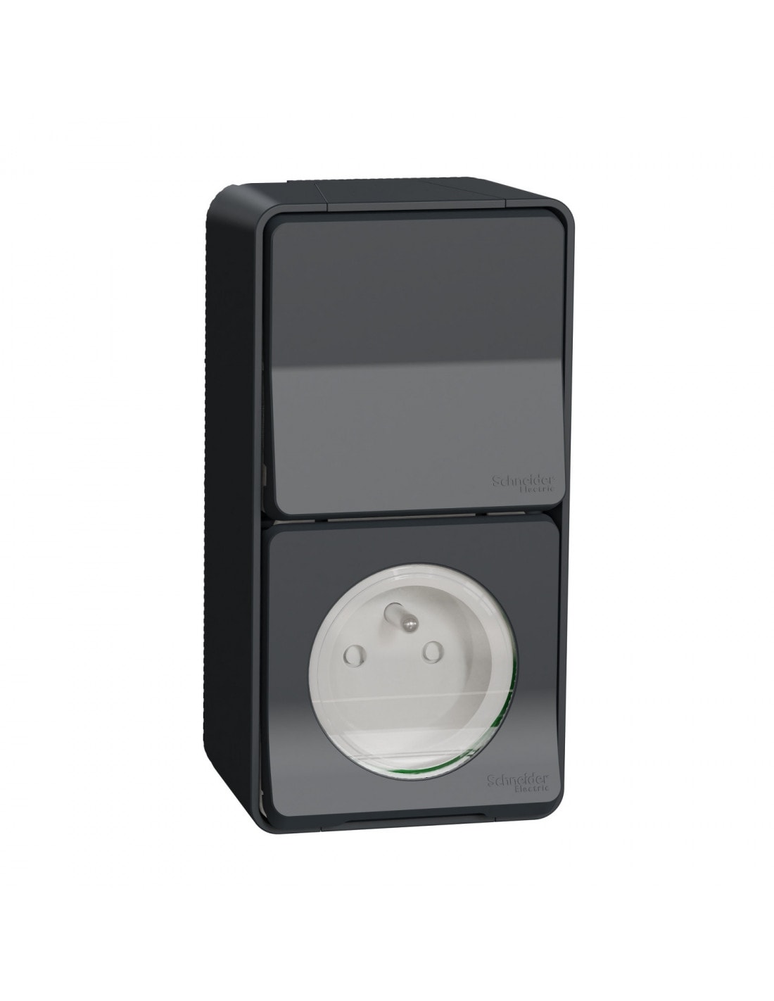 Bloc prise de courant et interrupteur gris en saillie avec cache transparent et logo Schneider Electric.