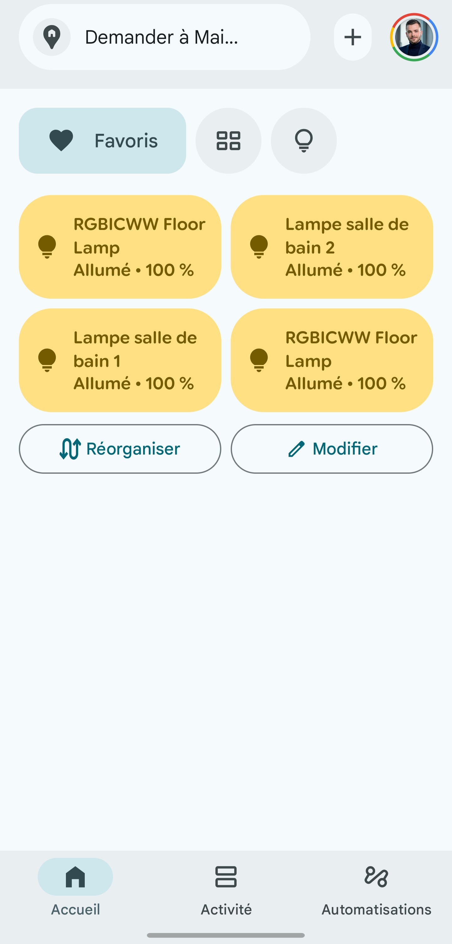 Screenshot section appareils favoris app Google Home avec lumières et prises connectées
