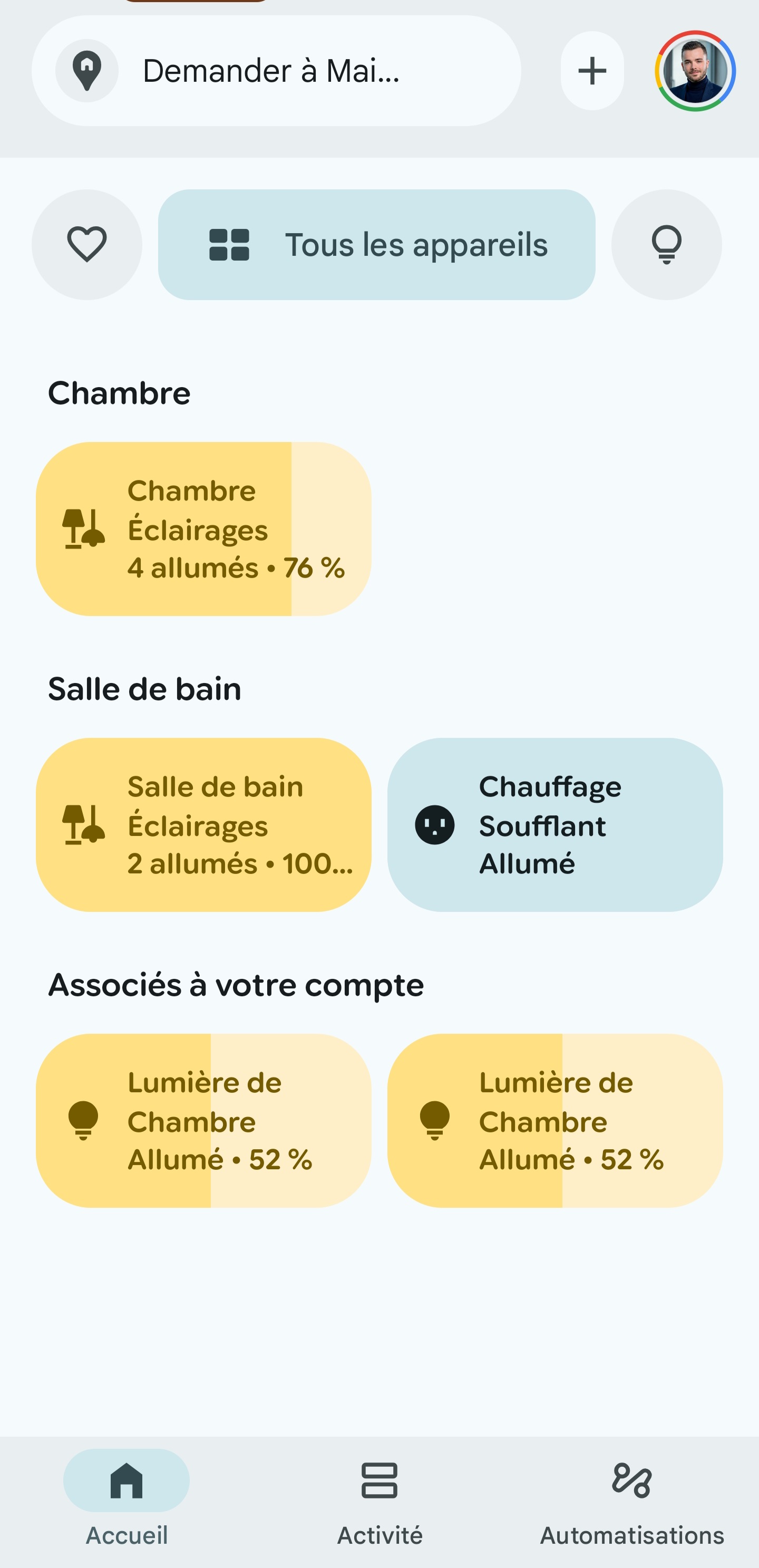 Screenshot section tous les appareils Google Home — gestion multi-appareils