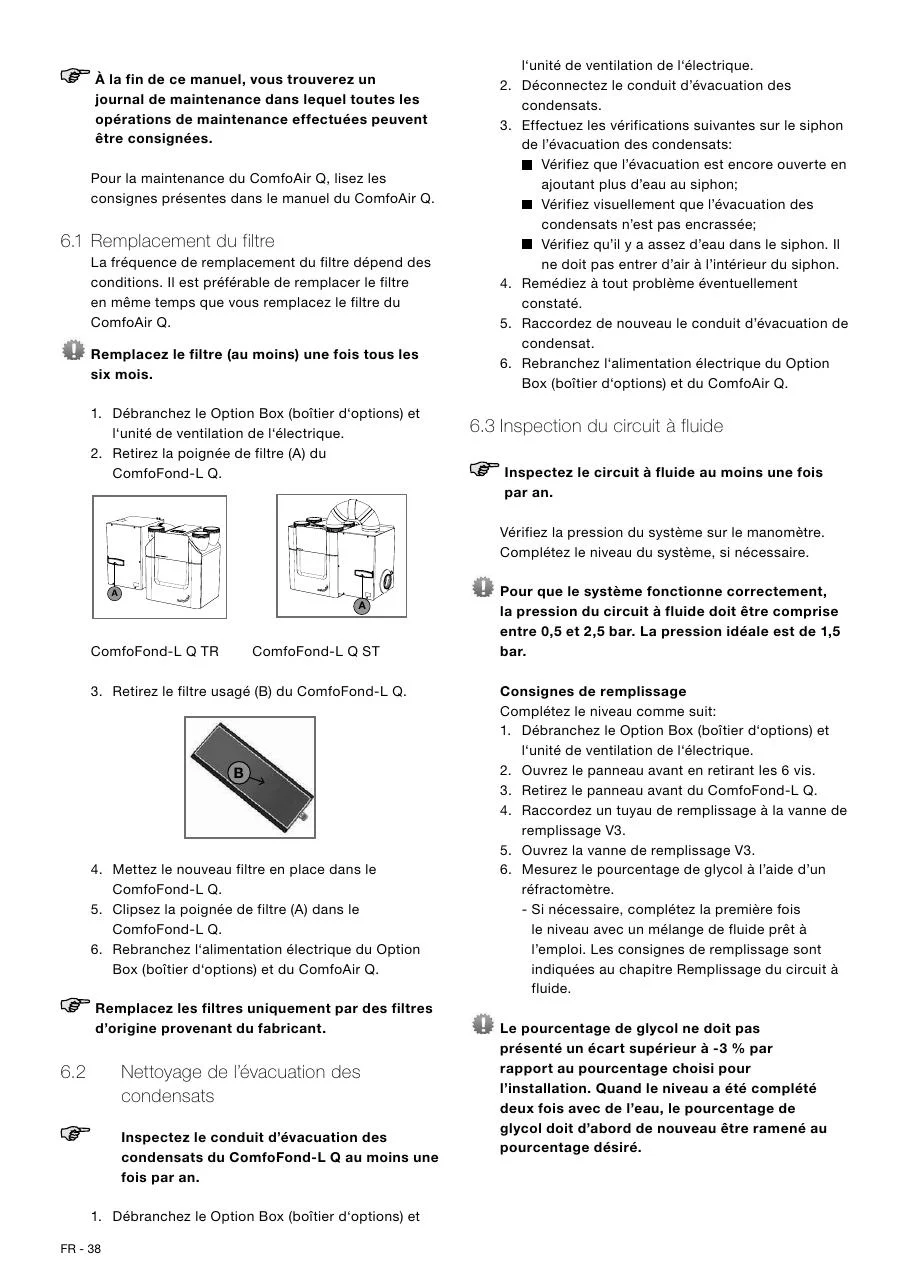Page de notice Zehnder sur le filtre, l'évacuation des condensats et l'inspection du circuit à fluide