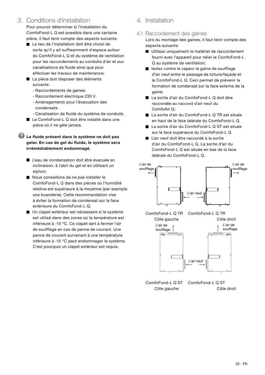 Page de notice Zehnder montrant les arrivées d'air neuf et d'air de soufflage du ComfoFond-L Q