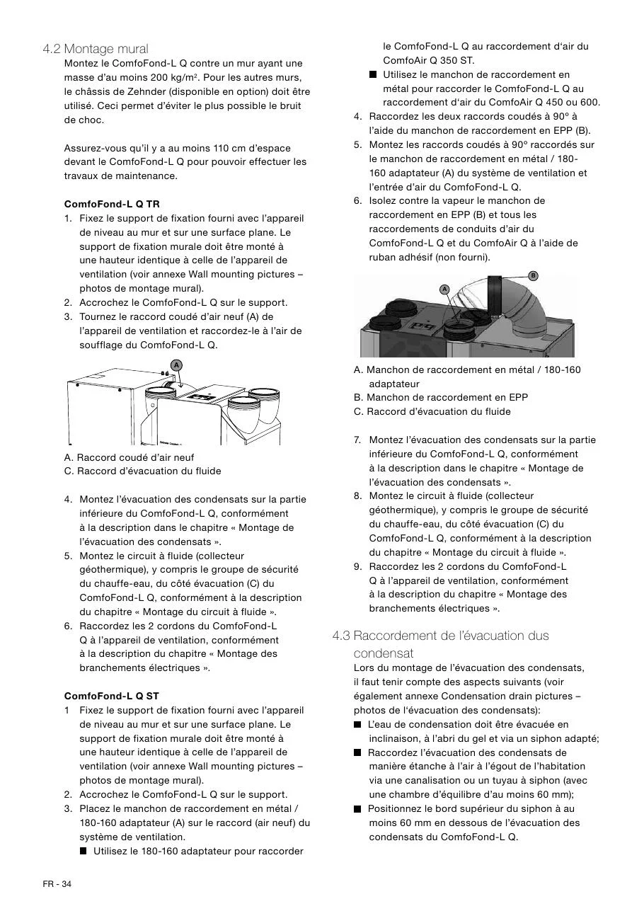 Page de notice Zehnder avec raccords de gaine, circuit à fluide et évacuation des condensats