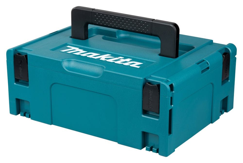 Coffret Makita MAKPAC 2 avec sa poignée centrale et ses clips de verrouillage