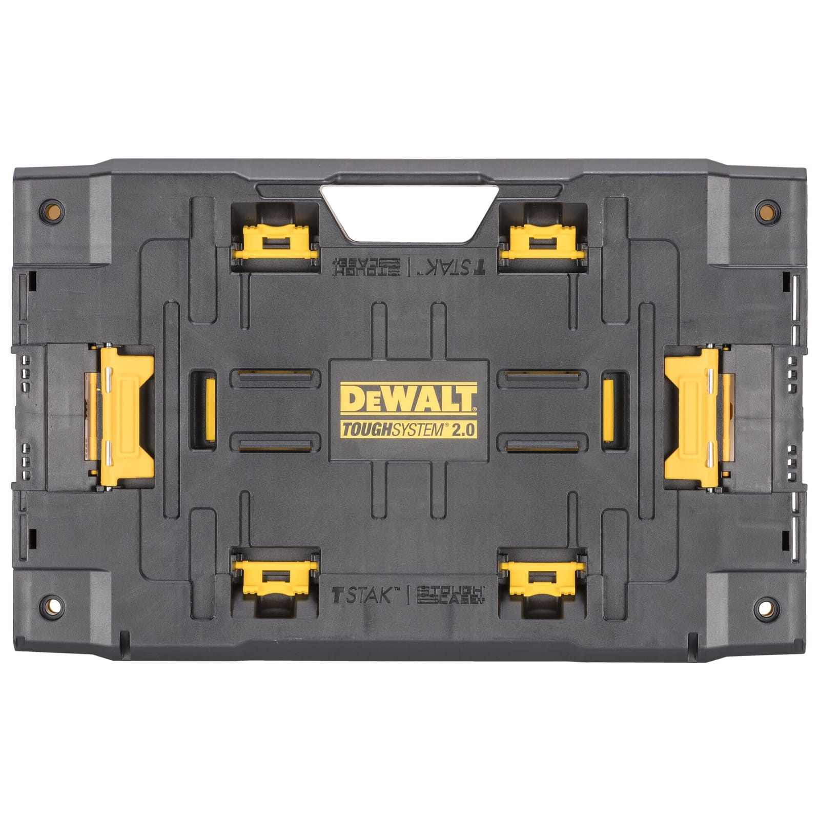 Plateau adaptateur Dewalt noir avec attaches jaunes, vu de dessus
