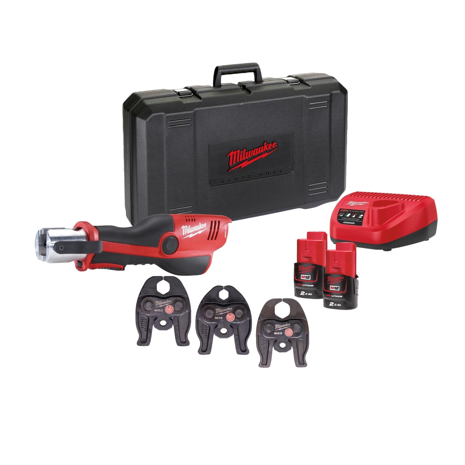 Milwaukee M12 HPT M-SET avec coffret, chargeur, batteries et trois mâchoires M