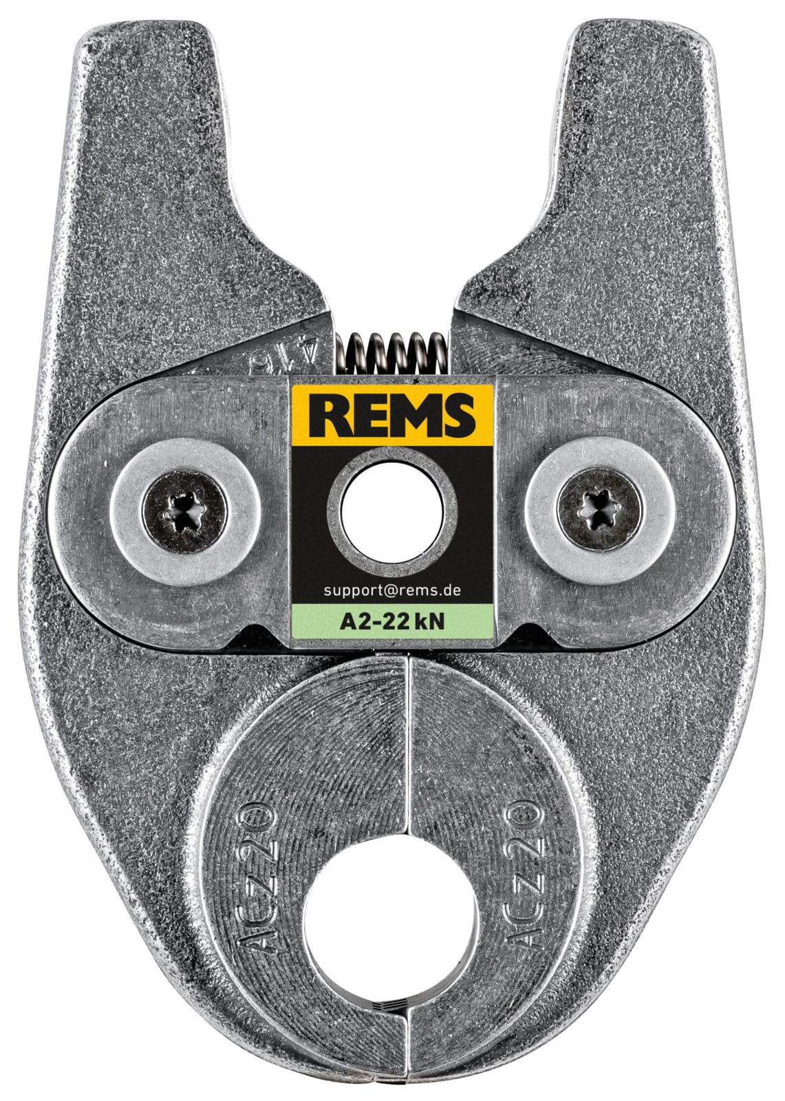 Mâchoire de sertissage REMS marquée A2-22kN, vue de face avec ses deux vis de fixation