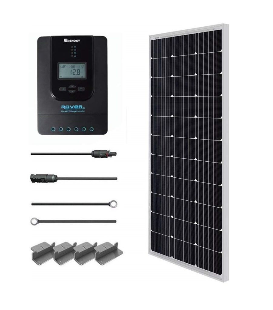 Un kit solaire sur fond blanc comprenant un régulateur de charge Renogy Rover, un panneau solaire, des câbles et des supports de fixation.