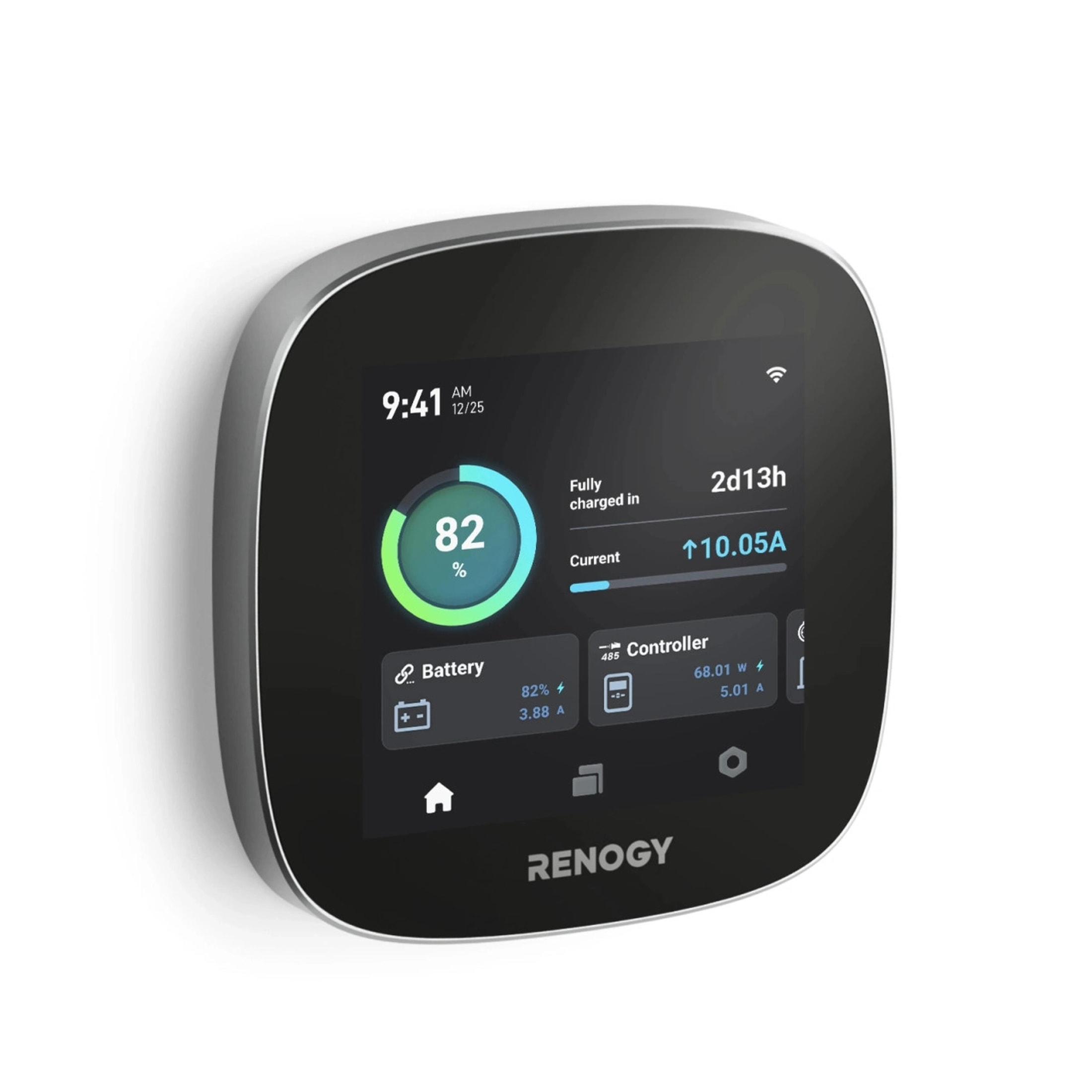 Un moniteur d’énergie Renogy One Core à écran tactile affichant le niveau de batterie et les données du contrôleur.