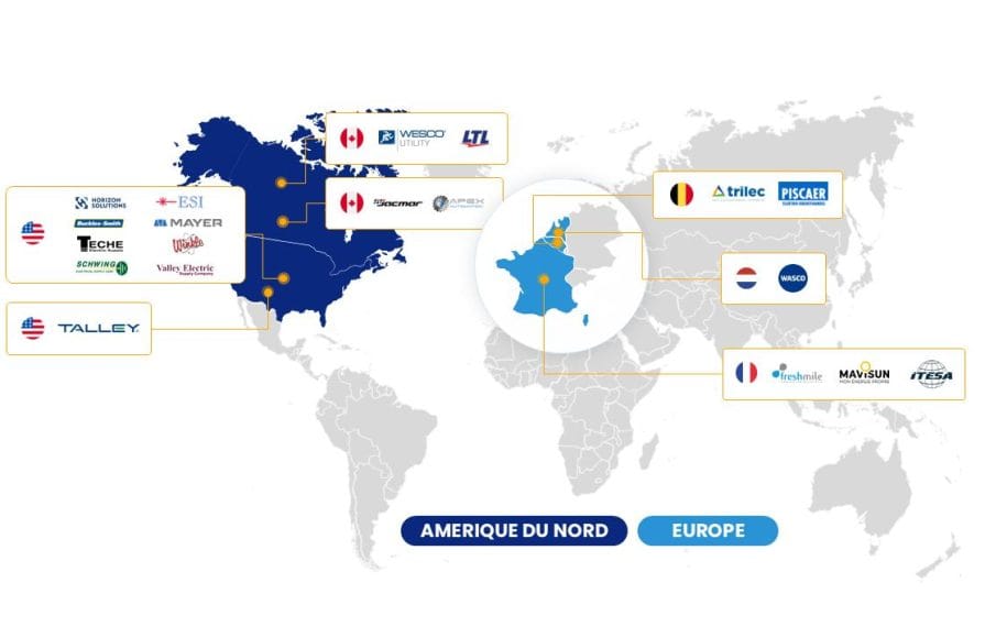 Carte mondiale Rexel montrant des entreprises acquises ou prises de participation en Europe et Amérique du Nord depuis 2021