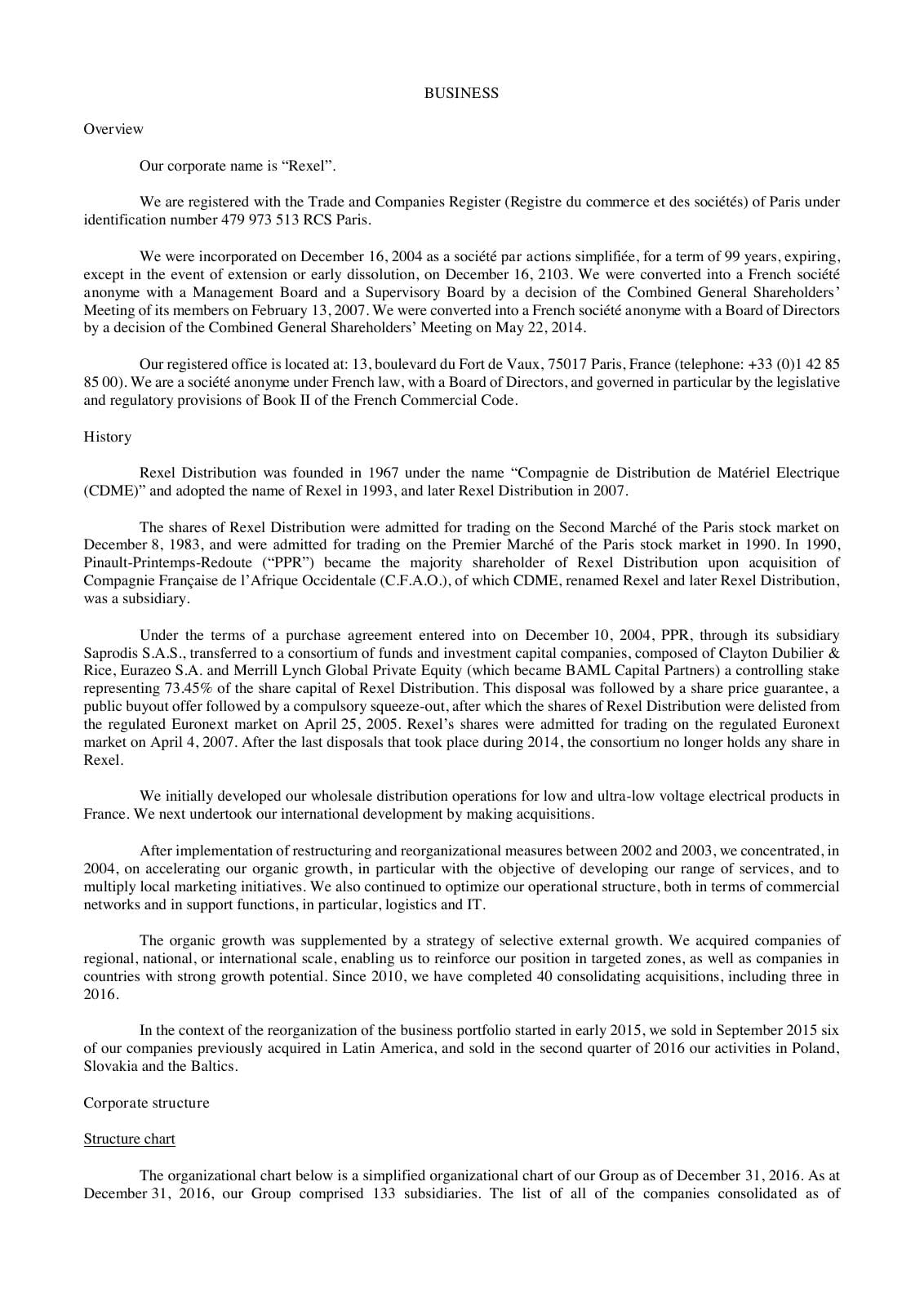 Page historique d’un document Rexel de 2017 mentionnant CDME en 1967, le nom Rexel en 1993 et les étapes de cotation