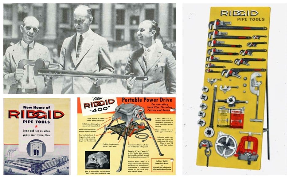 Planche d'archives Ridgid montrant les fondateurs tenant la première clé à tube, l'usine d'Elyria et une publicité pour le Model 400