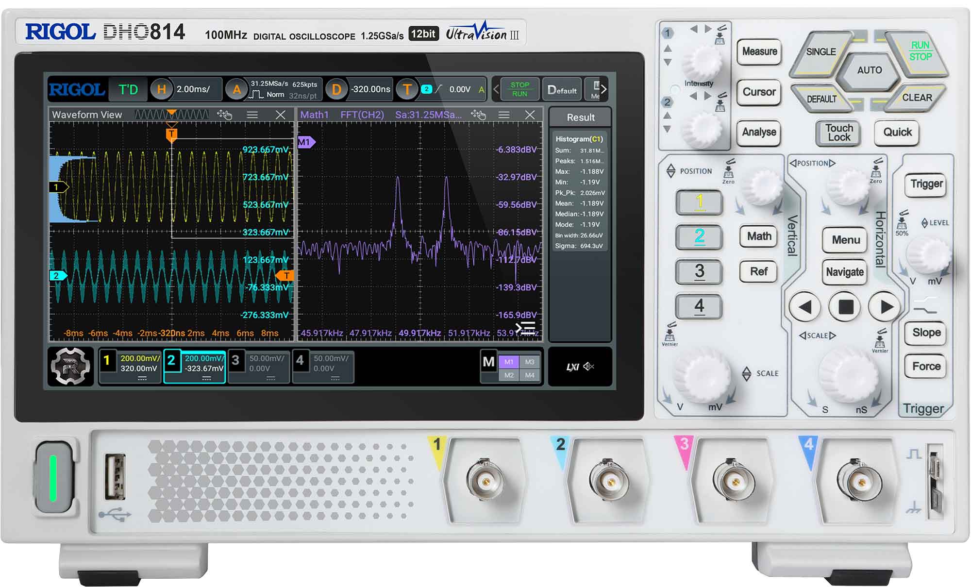 Oscilloscope numérique blanc RIGOL DHO814 affichant des formes d’onde et des mesures statistiques sur son écran, avec quatre connecteurs d’entrée en bas.