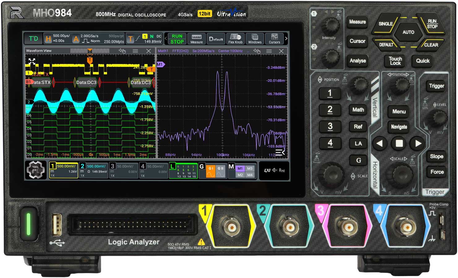Face avant d’un oscilloscope numérique noir MHO984 affichant des signaux complexes sur son écran, avec un panneau de boutons à droite et quatre connecteurs d’entrée colorés.