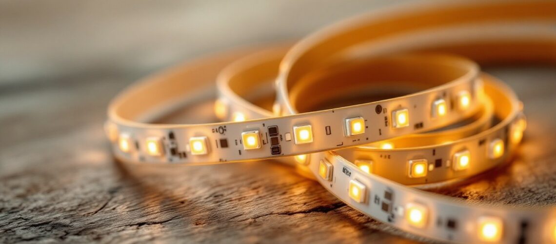 Ruban LED enroulé sur une surface en bois avec des diodes allumées émettant une lumière chaude