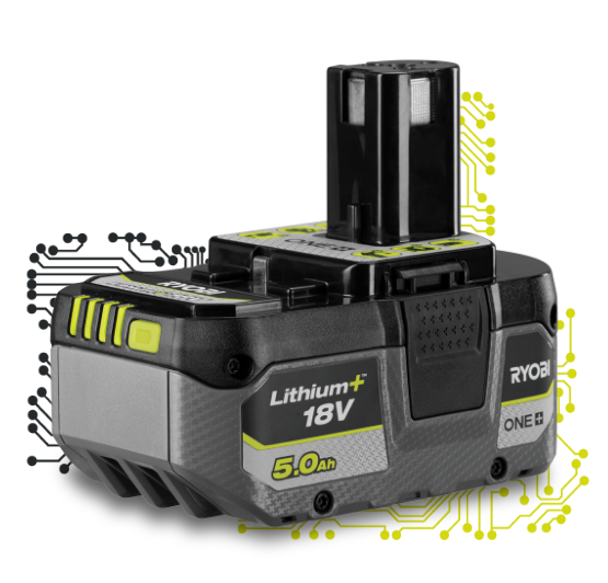 Batterie lithium 18 V Ryobi ONE+ posée en gros plan, avec le logo ONE+ sur le carter