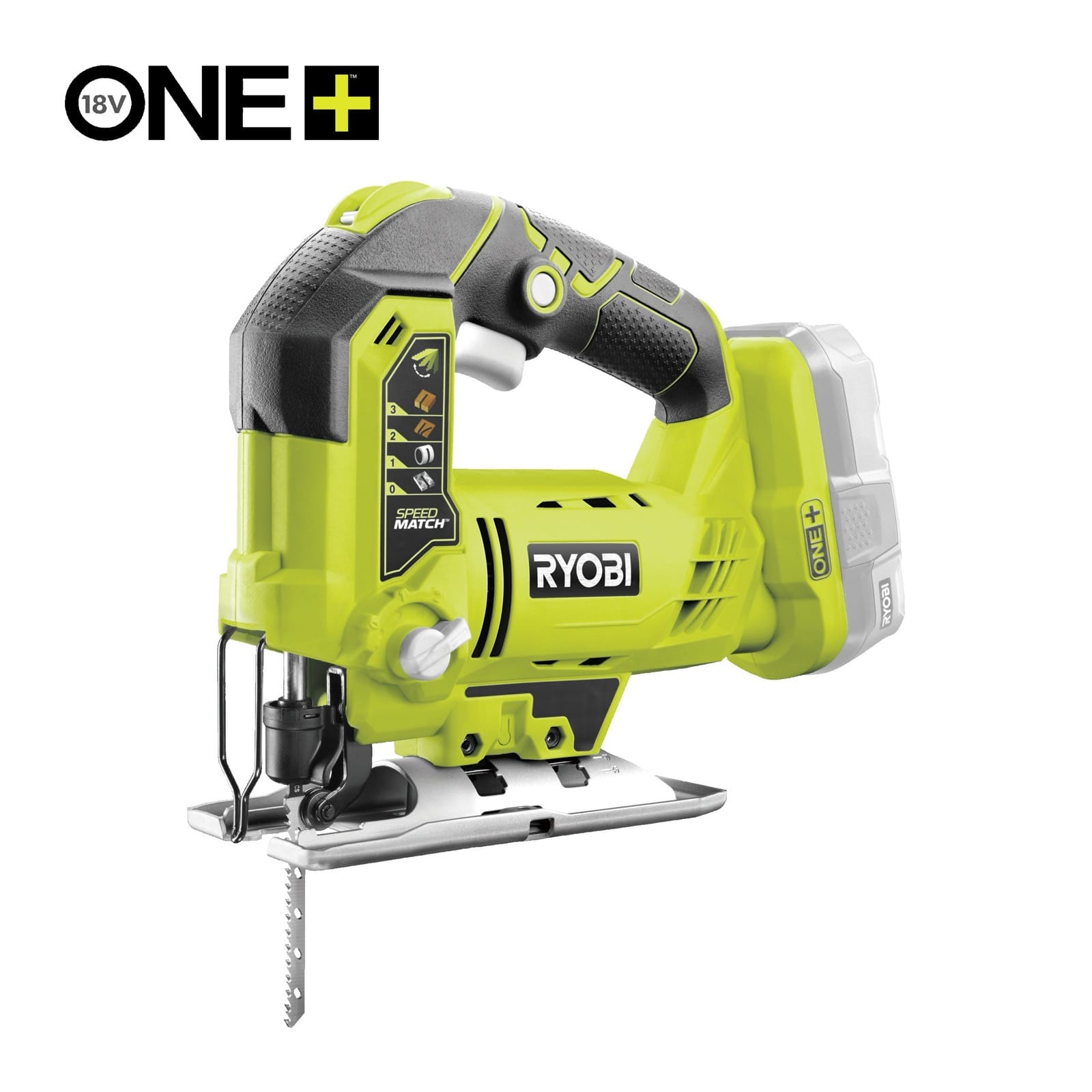 Scie sauteuse Ryobi ONE+ 18 V verte avec lame montée, vendue sans batterie ni chargeur