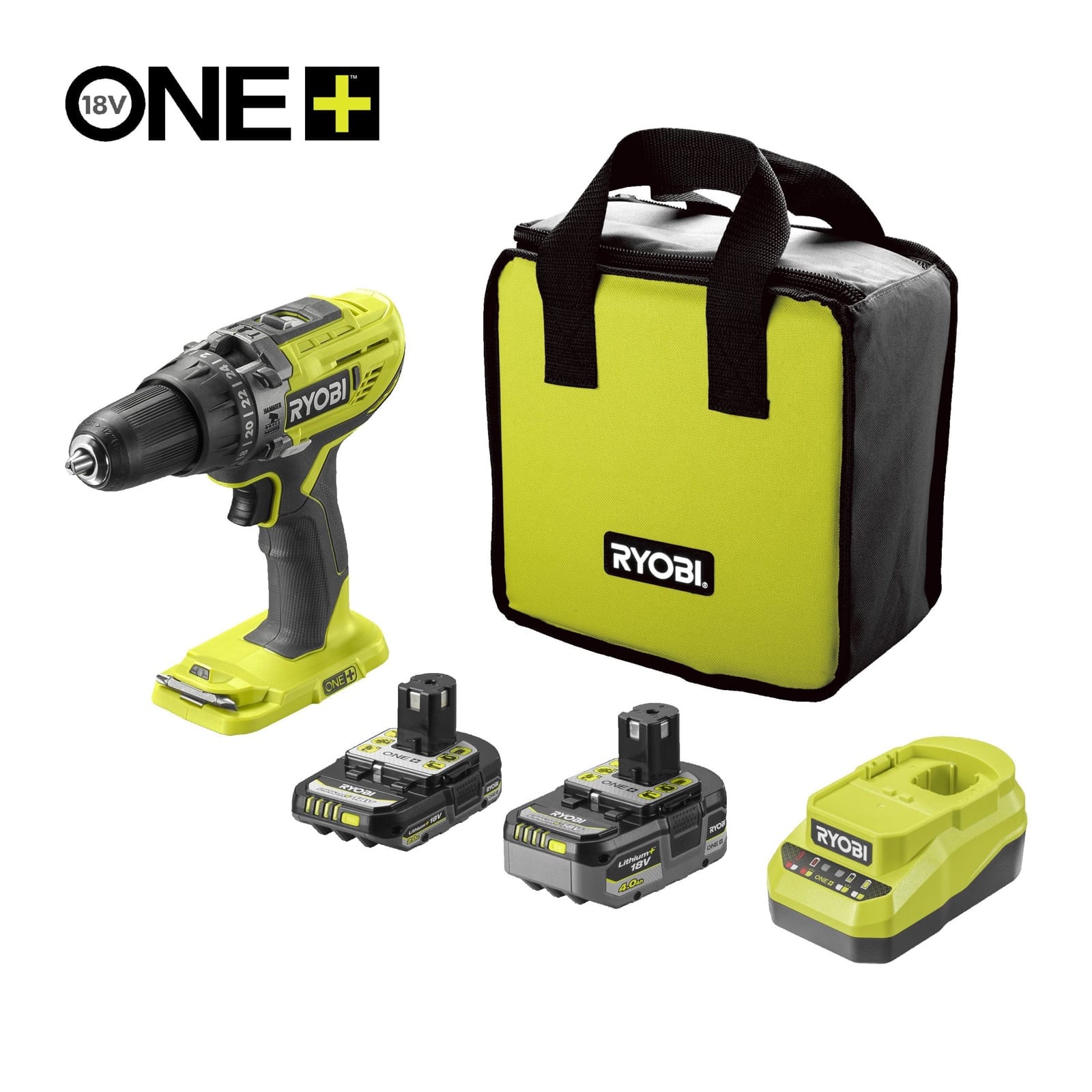Perceuse-visseuse à percussion Ryobi ONE+ 18 V verte en kit avec deux batteries et un chargeur