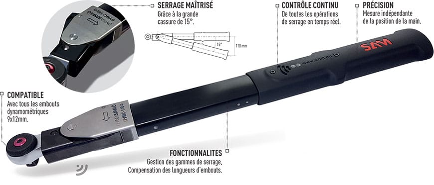 Clé dynamométrique mécatronique DYNASAM 4.0 montrant la tête, la poignée et les indications de contrôle publiées par SAM