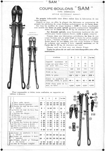 Page de catalogue SAM de 1933 consacrée à un coupe-boulon