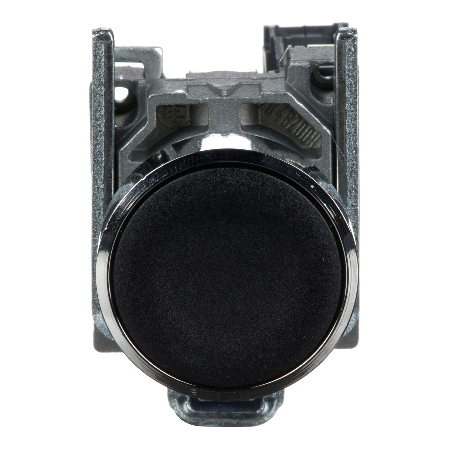 Bouton-poussoir industriel Schneider Electric Harmony XB4 à tête noire monté sur support gris avec lames de fixation métalliques